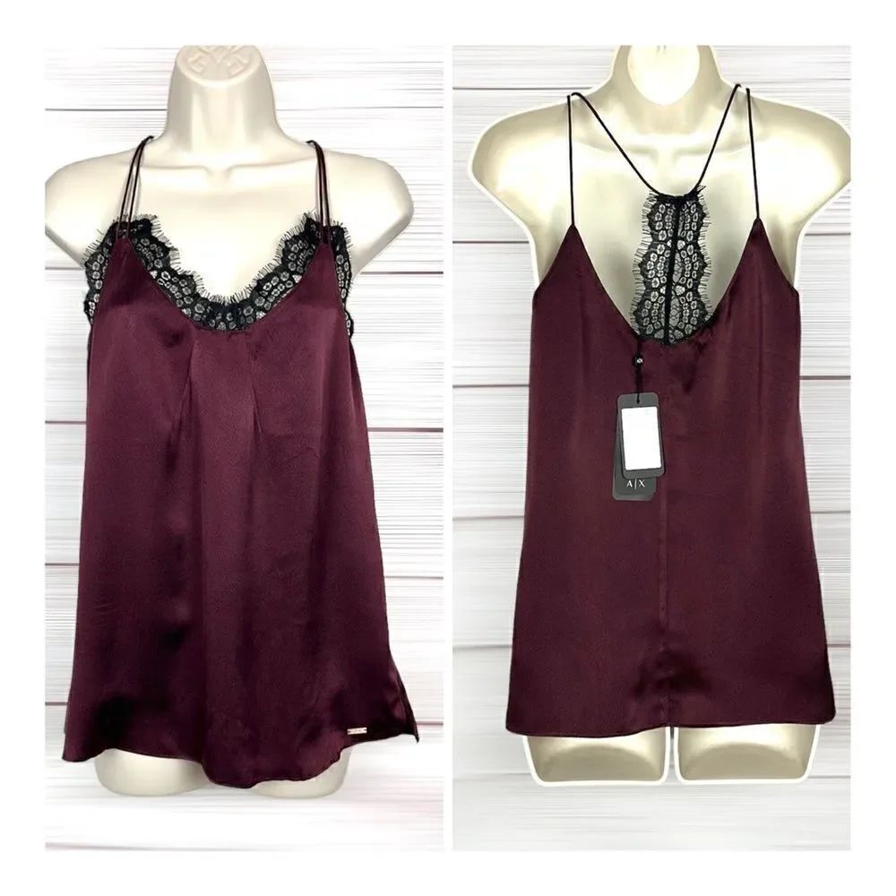 NWT NEW Armani Exchange Burgundy Silk Black Lace Cami Spaghetti Straps Top S